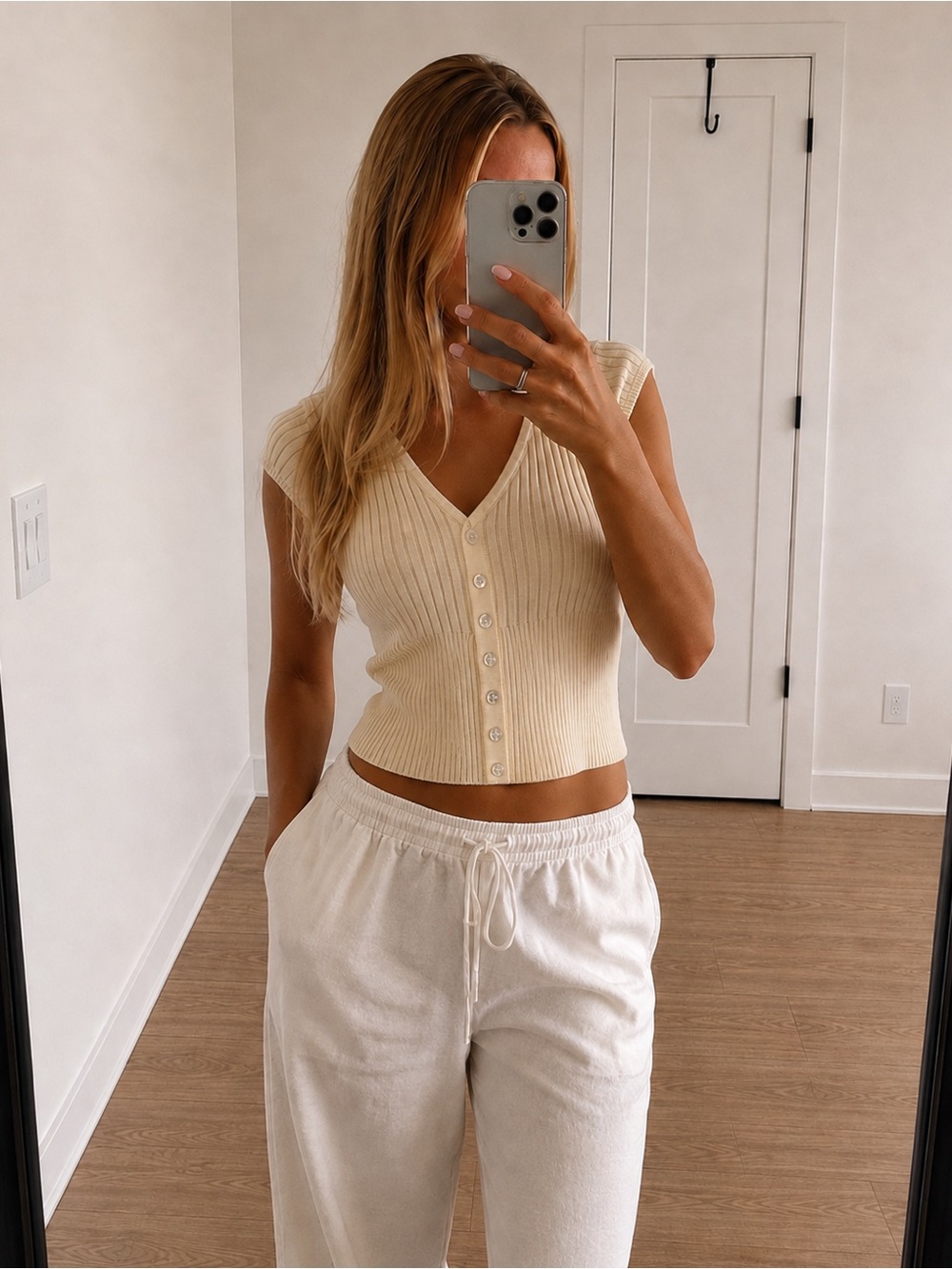 Motel Rocks Cream Ribbed V-Neck Button Front Top